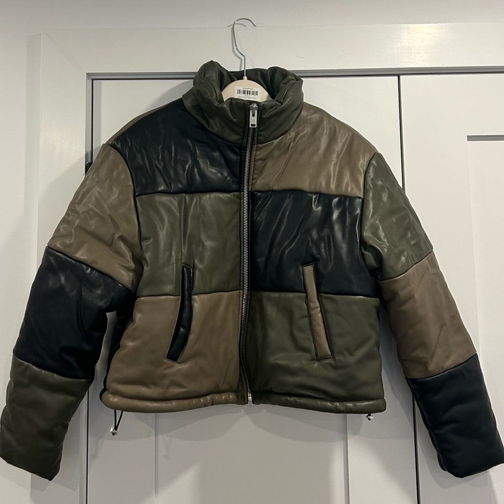 Cropped Puffer Jacket in Black, Green, and Brown